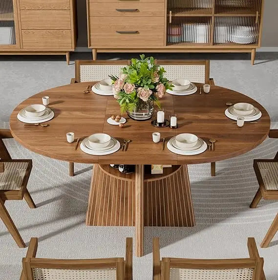 Round Expandable Oval Dining Table With Fluted Base