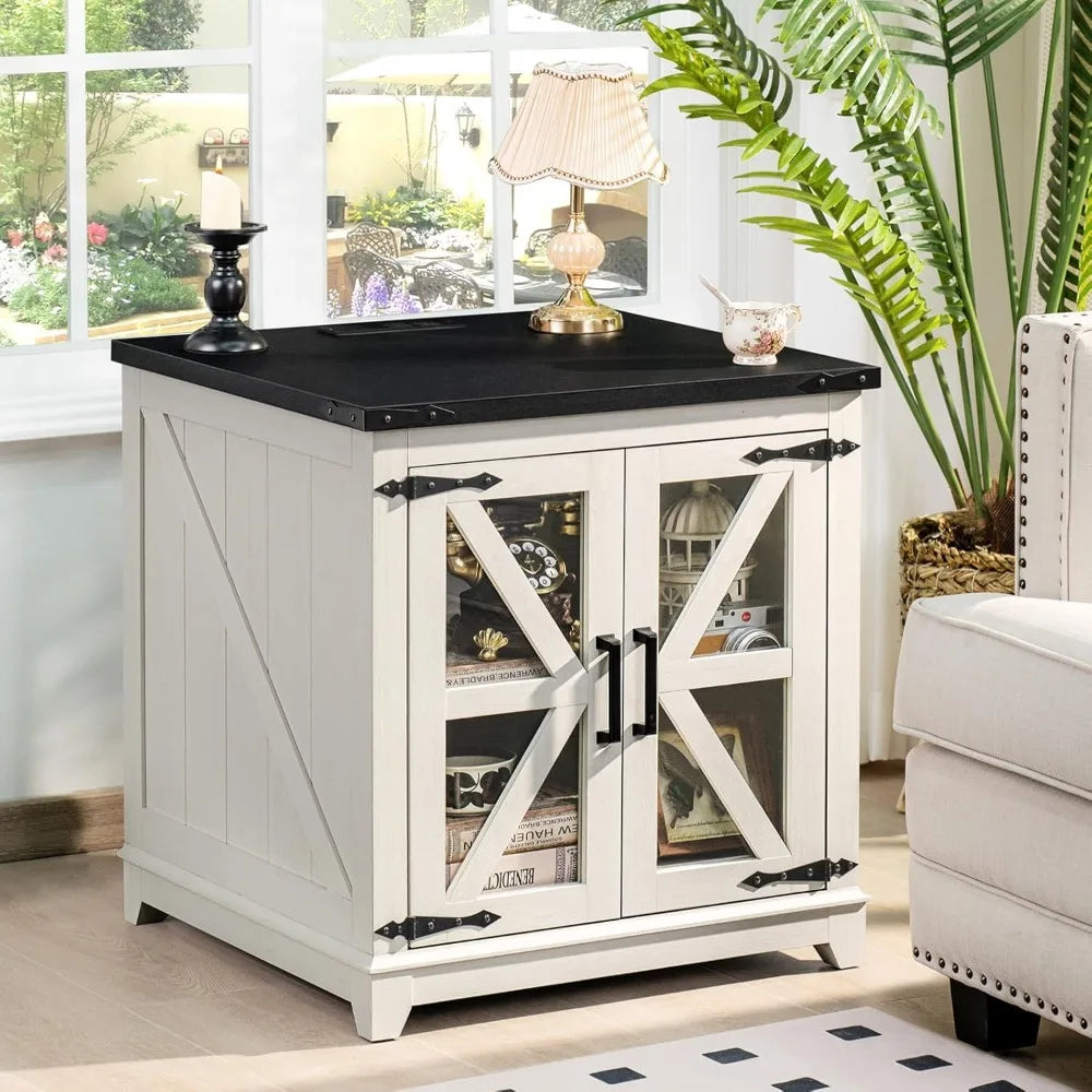 Farmhouse Coffee Table Set 3 Pieces Large End Side Tables with Charging Station and Hidden Storage Compartments