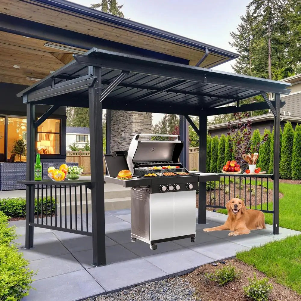 6.5x12FT Hardtop Grill Gazebo All Weather BBQ Shelter with Side Shelves Ceiling Hooks Galvanized Steel Frame for Outdoor Parties