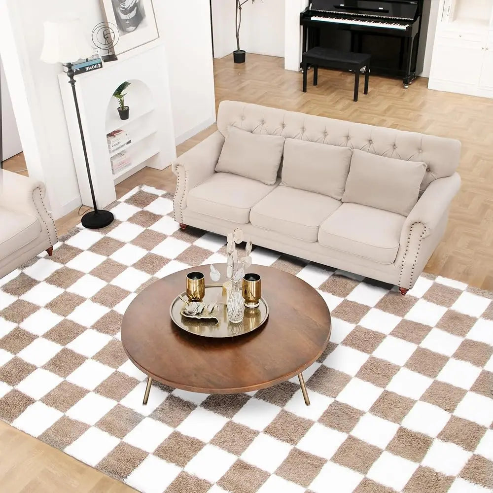Super Soft 5X7 Ft Beige And White Area Rug Classic Checkered Shaggy Rug Anti Skid High Pile Fluffy For Bedroom