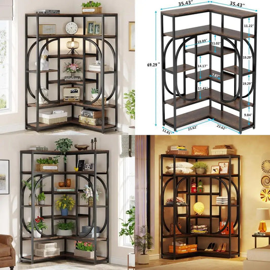 L Shaped Corner Bookshelf With Metal Frame For Storage