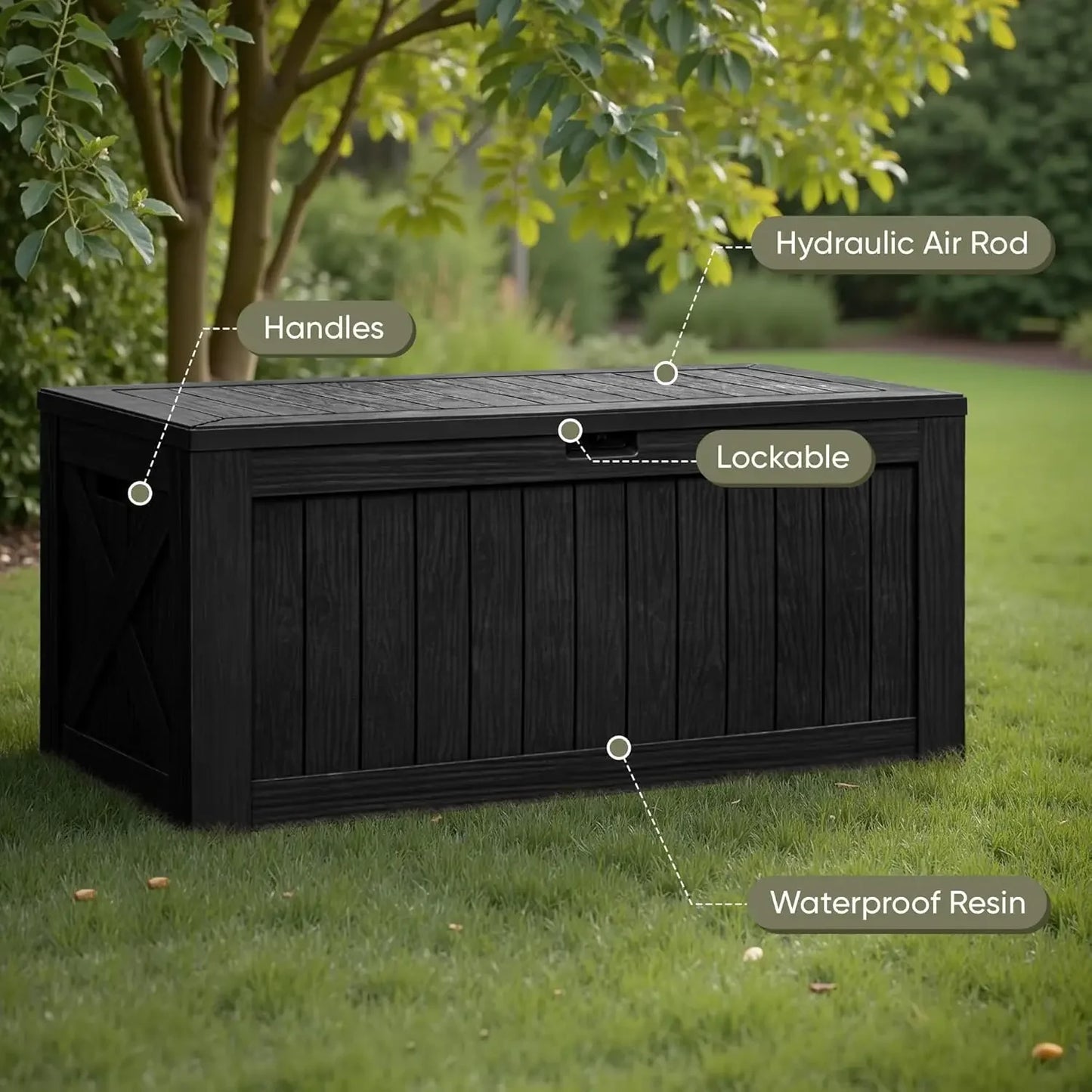 Resin Deck Box 120 Gallon Waterproof Large Storage Solution Imitation Wood Design for Outdoor Indoor Use
