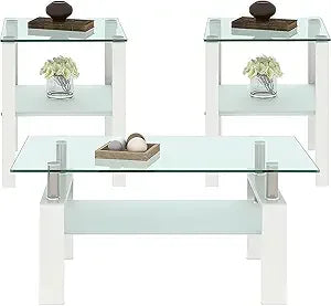 Glass Coffee Table 3-Piece Set With Metal Frames End Tables