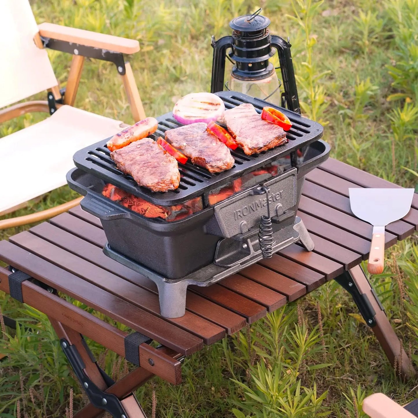 Hibachi Grill Outdoor Small Portable Charcoal Grill 100 Percent Pre-Seasoned Cast Iron Japanese Yakitori Camping Grill Adjustable Height Black