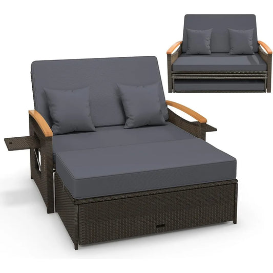 Patio Rattan Daybed Set with Cushioned Loveseat and Storage Ottoman Outdoor Double Chaise Lounger with Adjustable Back