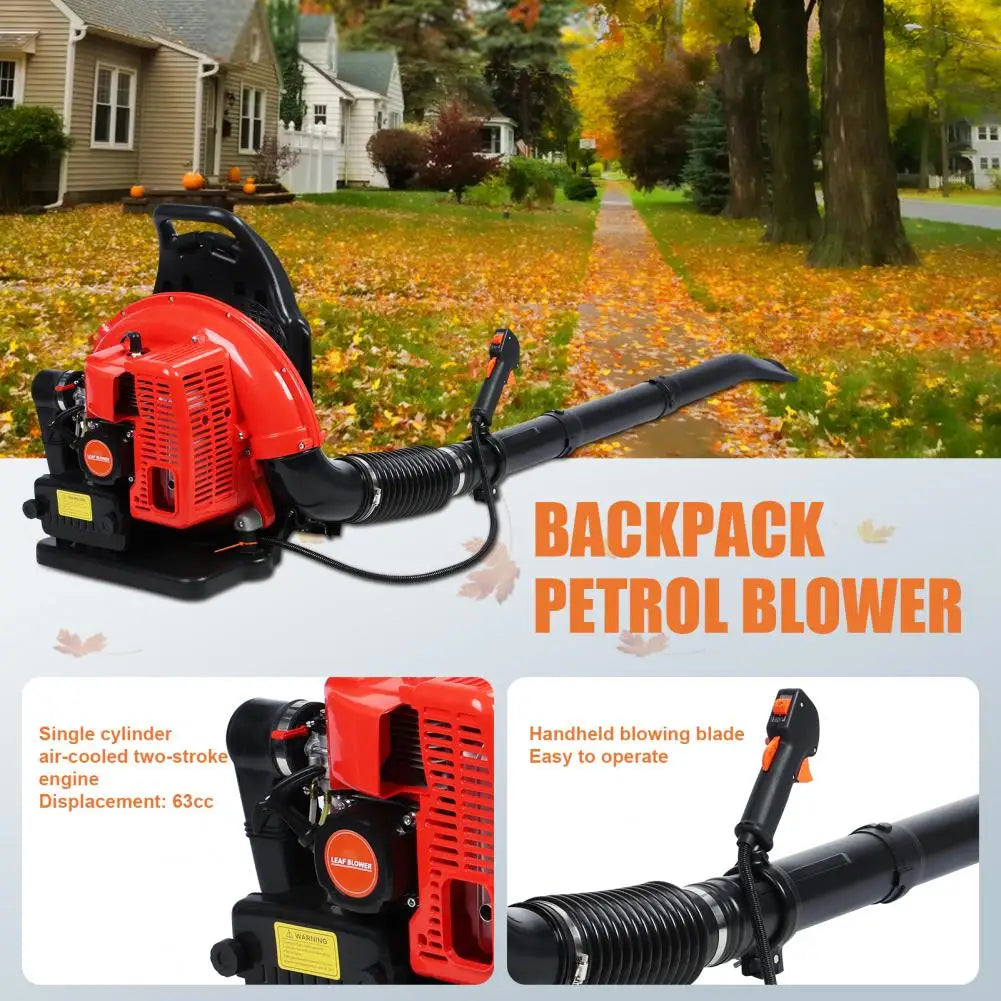 Backpack Leaf Blower 63CC Gas Powered 665CFM 2 Stroke Snow Blower Long Pipe 1.7L Fuel Tank