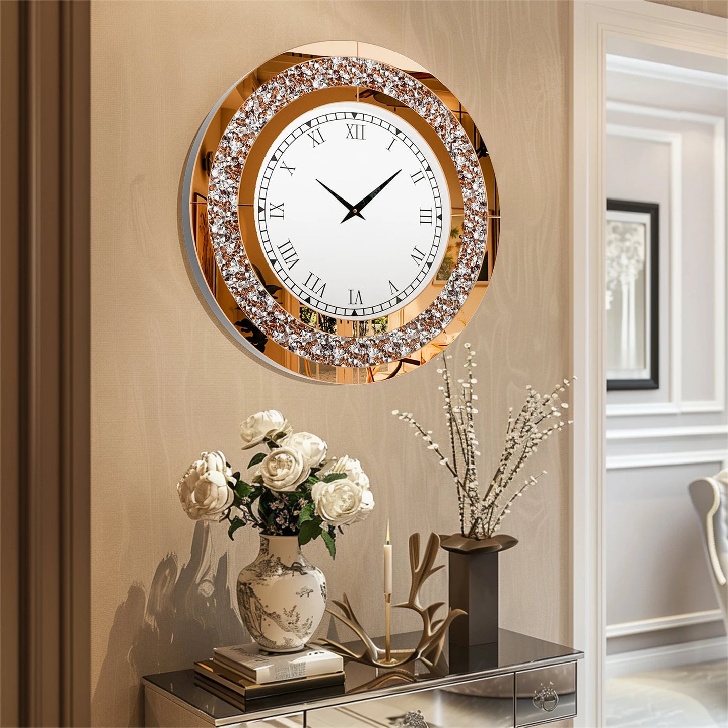 Bling Silver Round Mirror Clock Glam Sparkle Wall Decor