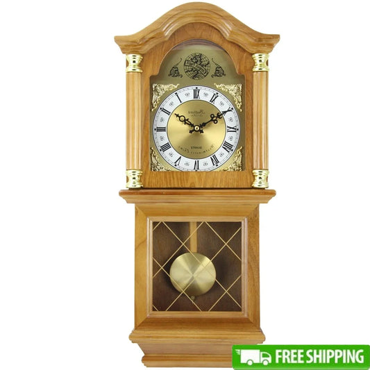 Classic Golden Oak Wall Clock with Swinging Pendulum Harmonic Chimes Adjustable Volume Decorative Carved Accents