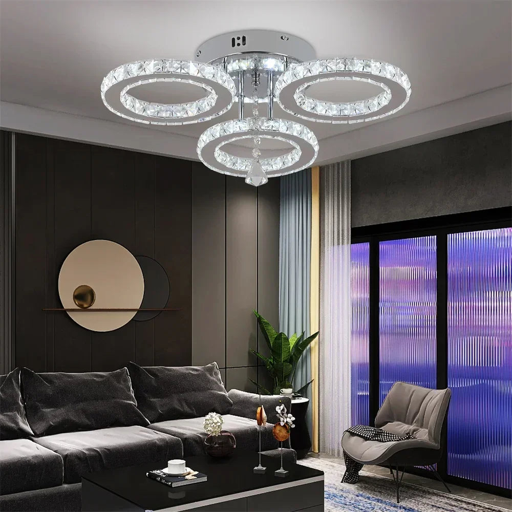 Modern Crystal Chandelier App Dimmable Ceiling Light Fixture Rings Shape Flush Mount for Bedroom Living Room