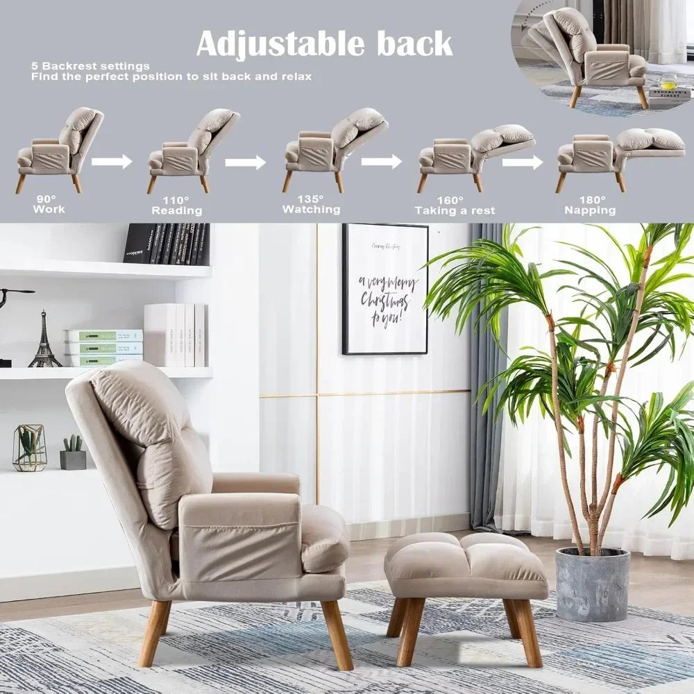 HUANZHUANG Accent Chair With Ottoman And Adjustable Backrest Side Pockets