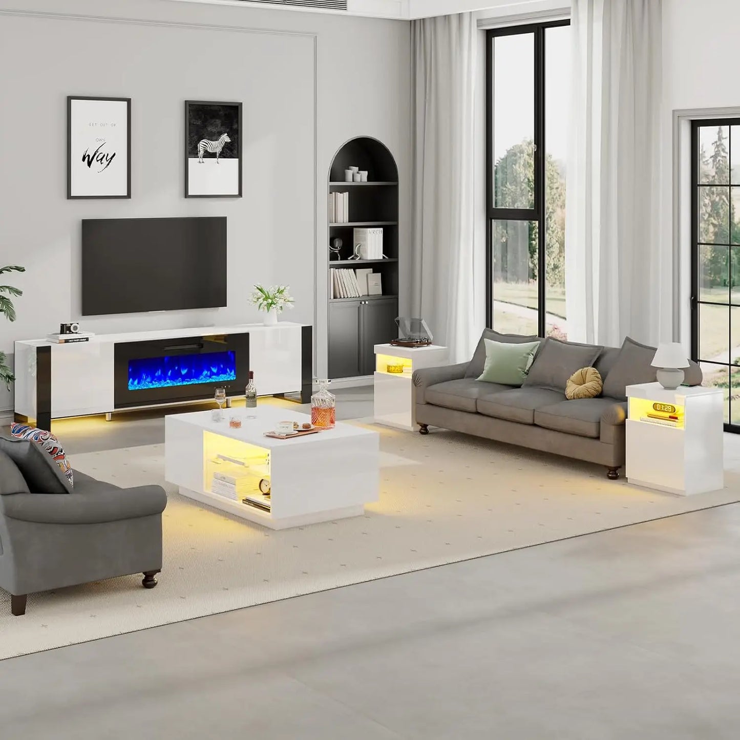 4 Piece Living Room Table Set Includes 70 Inch Fireplace TV Stand Modern Coffee Table LED Light Nightstands Set of 2 High Glossy Table Sets for Living Room Bedroom Office White and Black