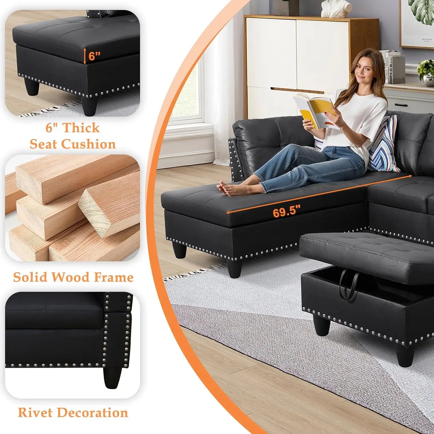 XMSJ Modern Sectional Sofa Couch L Shape With Chaise Lounge