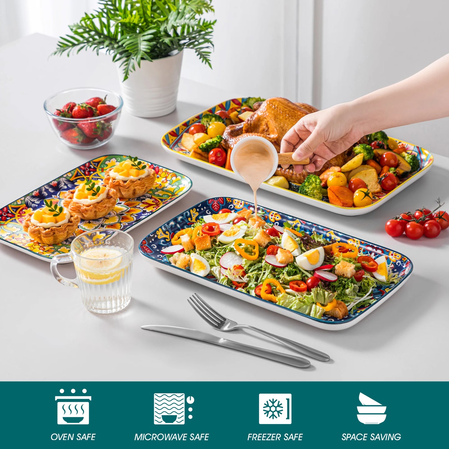 Malacasa Ceramic Rectangular Salad Plates Set For Cake
