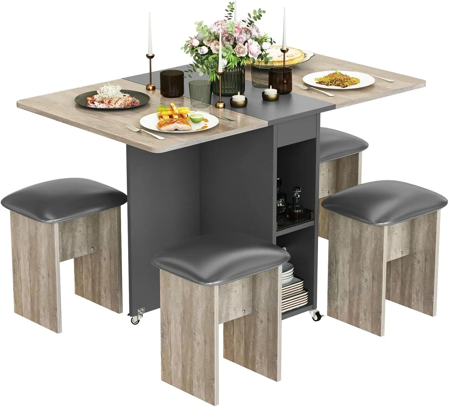 Folding Dining Table Set for 4 with 4 Leather Chairs