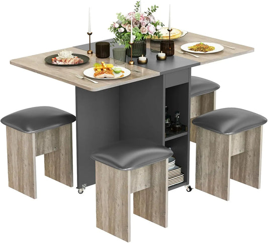 Folding Dining Table Set for 4 with 4 Leather Chairs