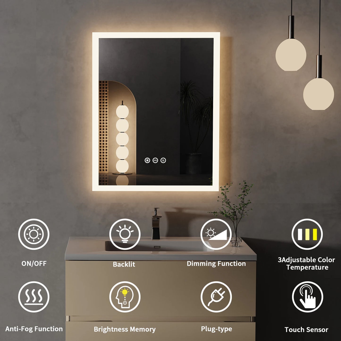 16x20 Inch LED Lighted Bathroom Mirror with Anti Fog Wall Mounted Vanity Mirror with Smart Touch Button and Memory Function