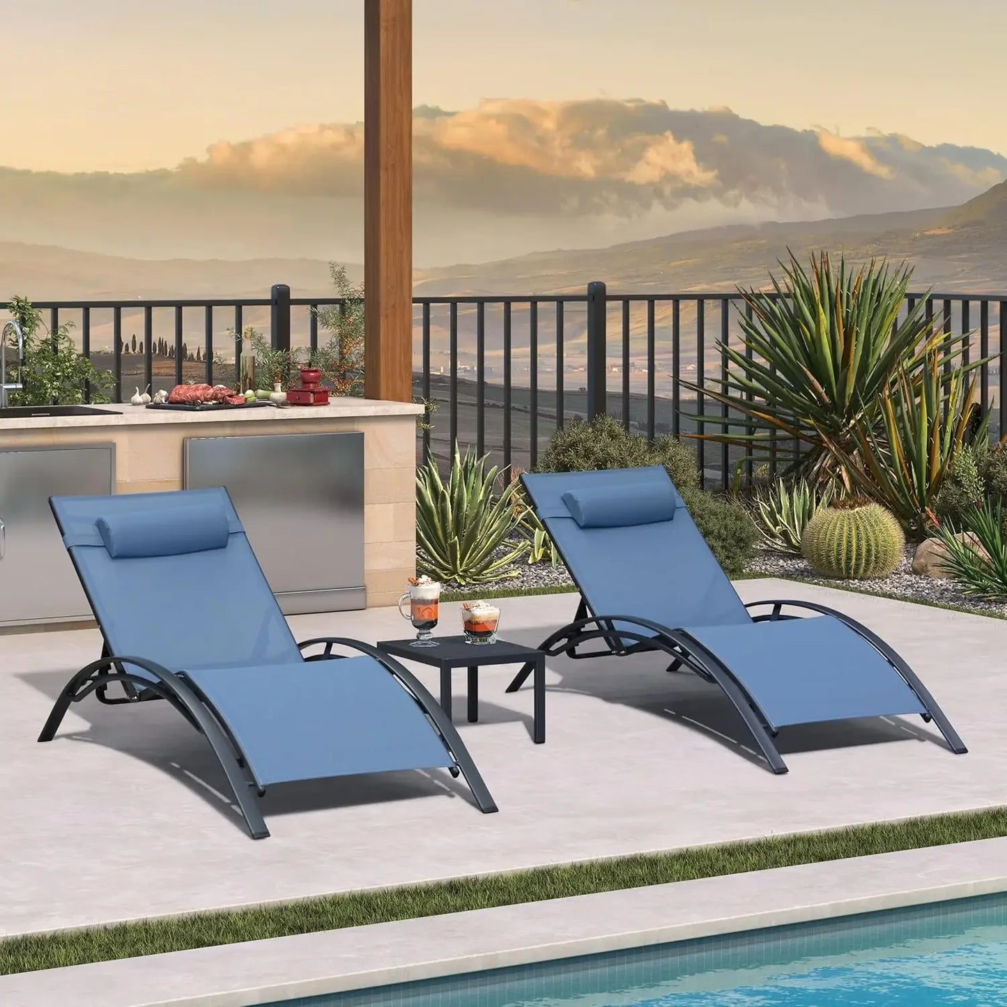 Patio Chaise Lounge Set of 3 Outdoor Lounge Chairs with Arm for Beach Pool Sunbathing Lawn Lounger Recliner All Weather Indigo