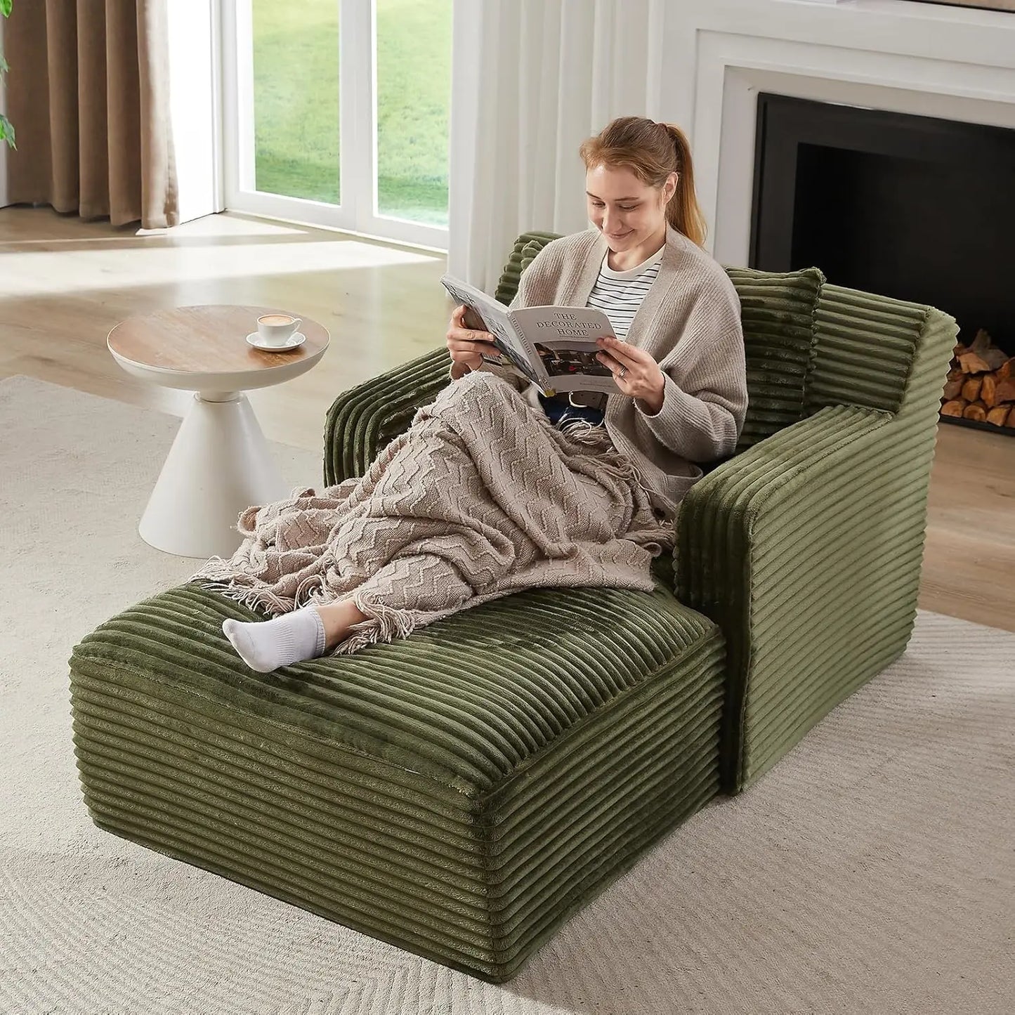 Chaise Lounge Chair Indoor, Upholstered Corduroy Single Lounge Sofa Couch, Comfy Reading Recliner Sleeper Sofa Chair Bed with A