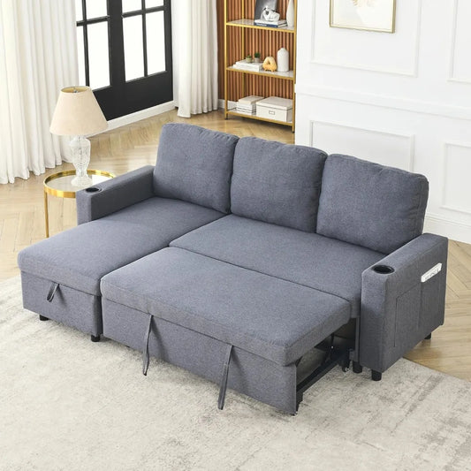 78.5 Inch Linen L Shaped Convertible Sofa Bed with Reversible Storage Chaise and Pull Out Sleeper Sofabed