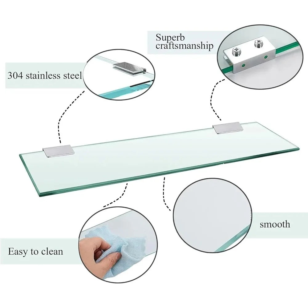 Tempered Glass Bathroom Shelf Wall Mounted Stainless Steel Bracket Floating Storage Organizer Rust Resistant Easy Installation
