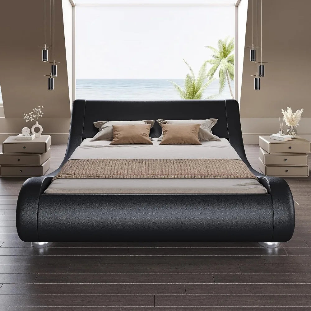 Folded Faux Leather Bed Frame With Ergonomic Headboard
