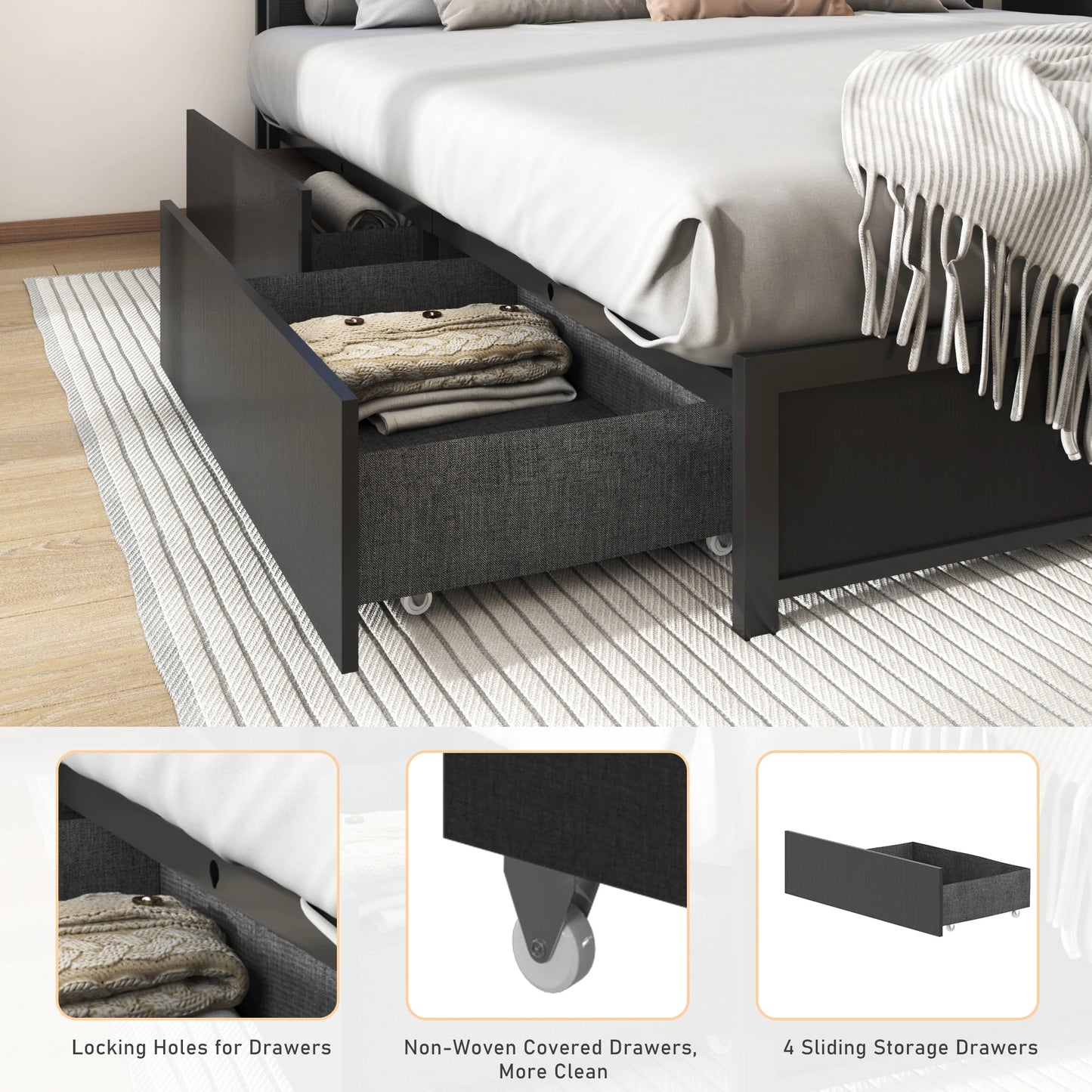 QiaoShiRen LED Bed Frame With Headboard Storage Drawers