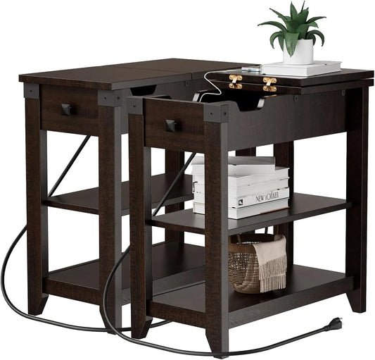 Vabches Set Of 2 End Tables With Charging Station Storage