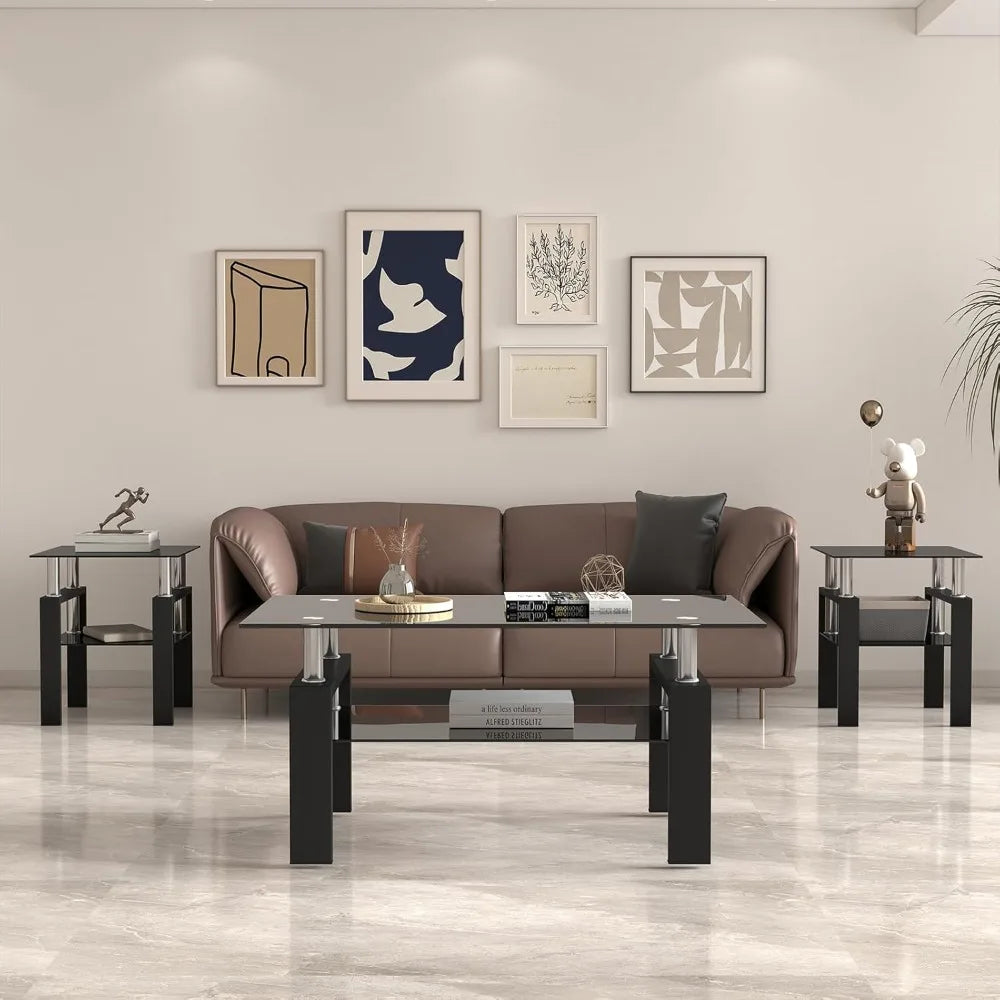 Glass Coffee Table 3-Piece Set With Metal Frames End Tables