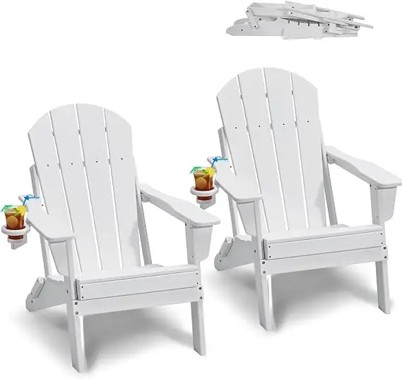 Folding Adirondack Chairs Set of 2 with Cup Holder All Weather Portable Plastic Fire Pit Chair Outdoor Adirondack Patio Chair