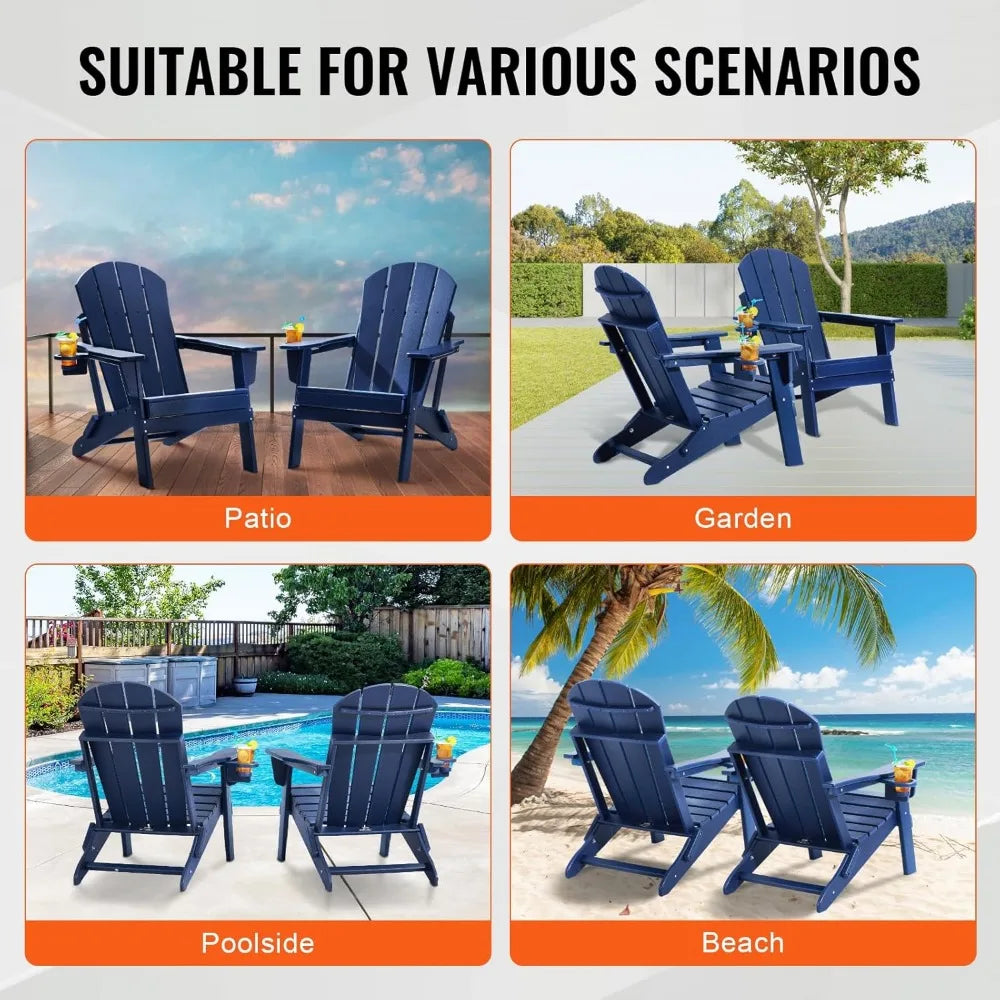 Folding Adirondack Chairs Set of 2 with Cup Holder All Weather Portable Plastic Fire Pit Chair Outdoor Adirondack Patio Chair