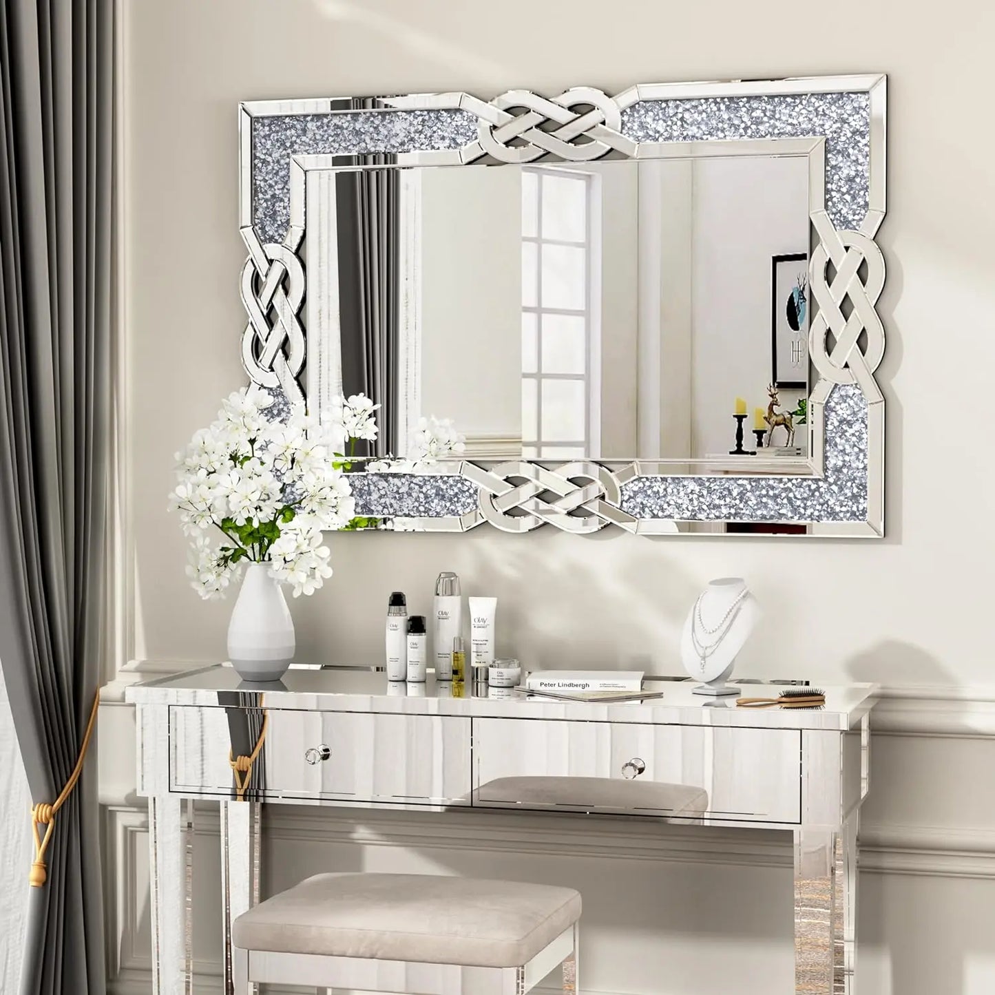 90 100 120CM Large Crystal Crush Diamond Mirror Vanity Silver Decorative Wall Hang Mirror for Bedroom Hallway Living Room