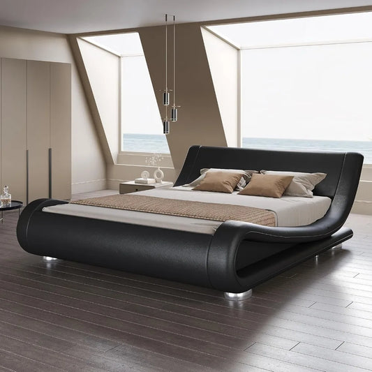Folded Faux Leather Bed Frame With Ergonomic Headboard
