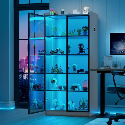 65 Inch Display Cabinet with Lights and Adjustable Shelves