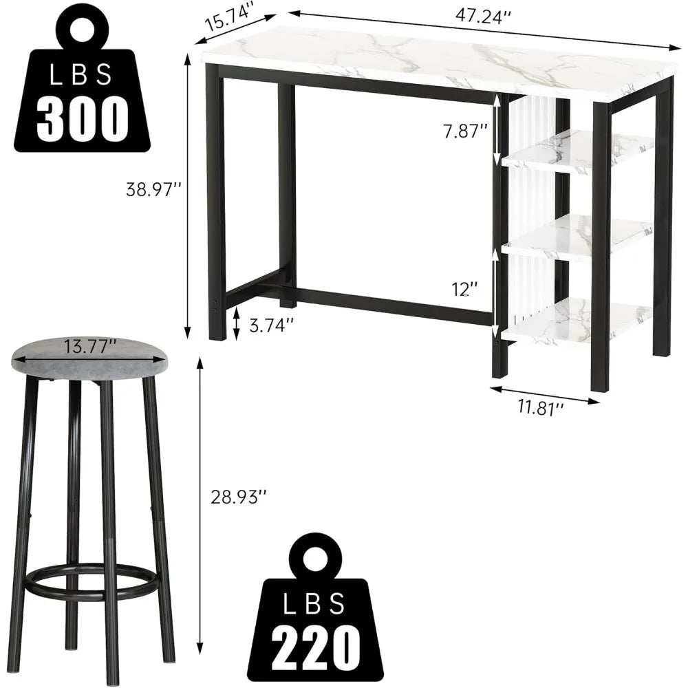Bar Table Set with Storage Shelves, 47" Modern White Faux Marble Breakfast Table with 2 Velvet Stools, 3-Piece Dining Set for 2