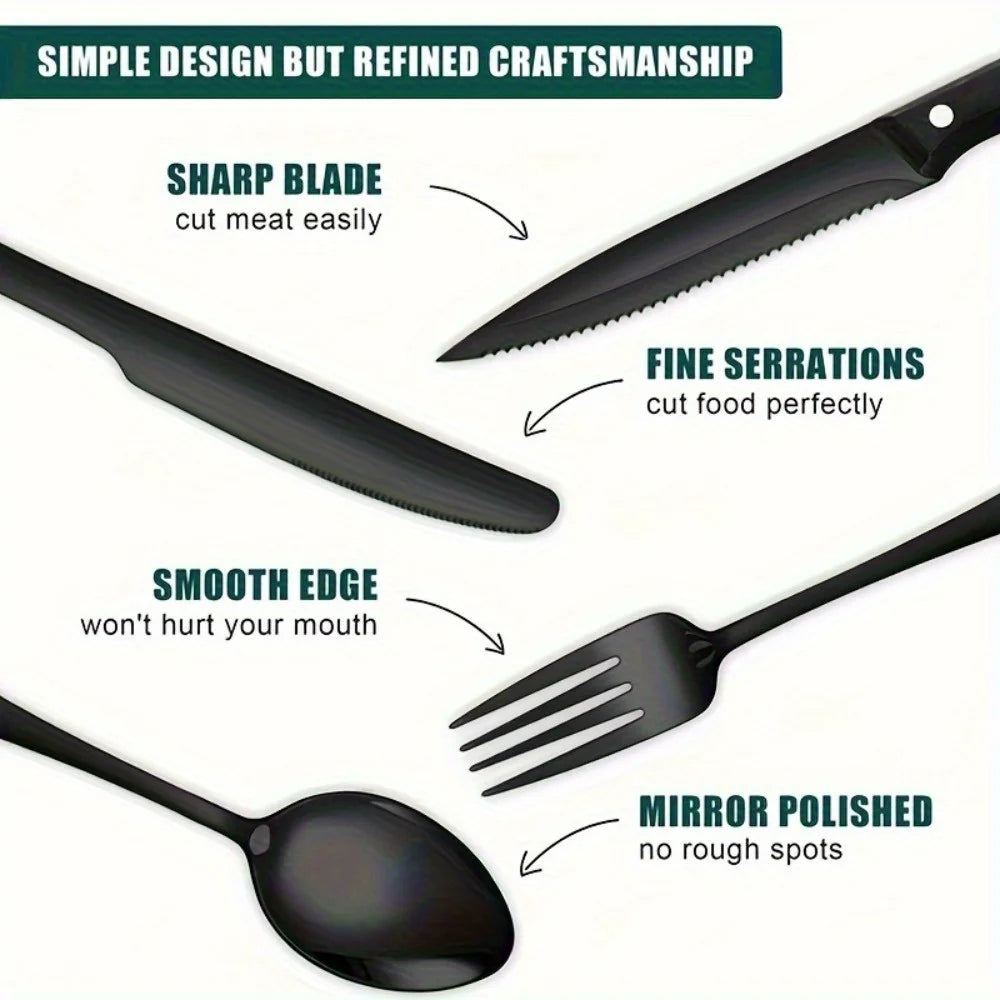 30 Piece Black Silverware Set With Steak Knives Food Grade Stainless Steel Flatware Tableware Cutlery Set