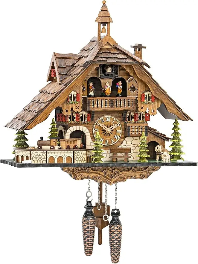 Quartz Cuckoo Clock Black Forest House with Train Music EN 48110 QMT