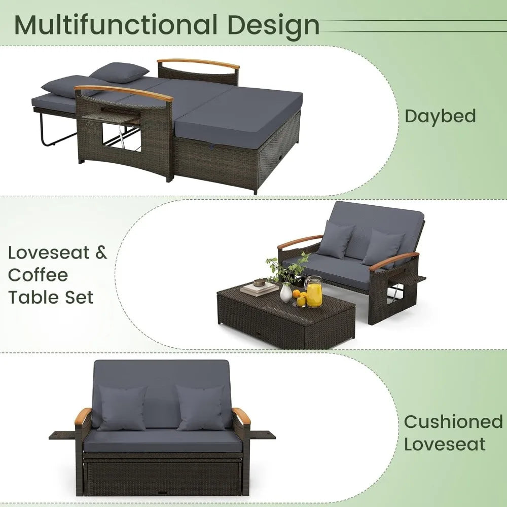 Patio Rattan Daybed Set with Cushioned Loveseat and Storage Ottoman Outdoor Double Chaise Lounger with Adjustable Back
