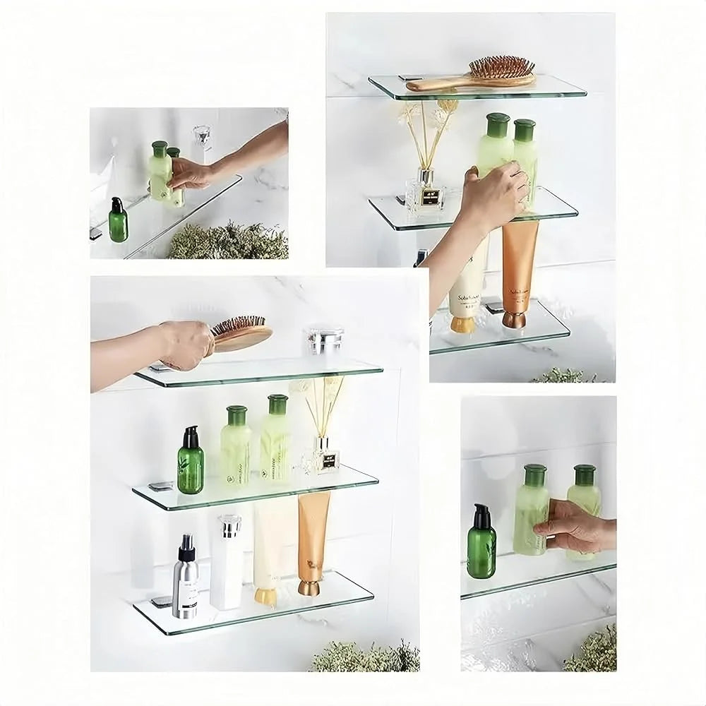 Tempered Glass Bathroom Shelf Wall Mounted Stainless Steel Bracket Floating Storage Organizer Rust Resistant Easy Installation