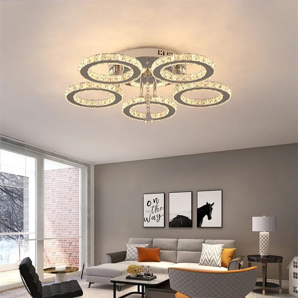 Modern Crystal Chandelier App Dimmable Ceiling Light Fixture Rings Shape Flush Mount for Bedroom Living Room