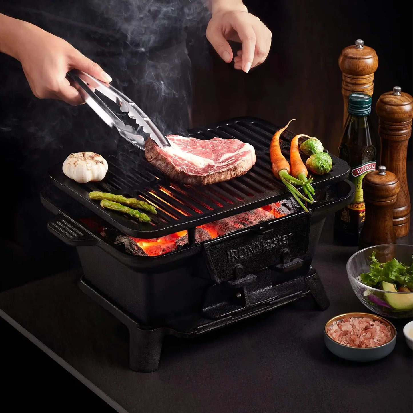 Hibachi Grill Outdoor Small Portable Charcoal Grill 100 Percent Pre-Seasoned Cast Iron Japanese Yakitori Camping Grill Adjustable Height Black