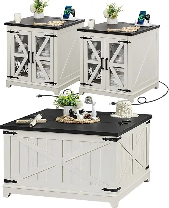 Farmhouse Coffee Table Set 3 Pieces Large End Side Tables with Charging Station and Hidden Storage Compartments
