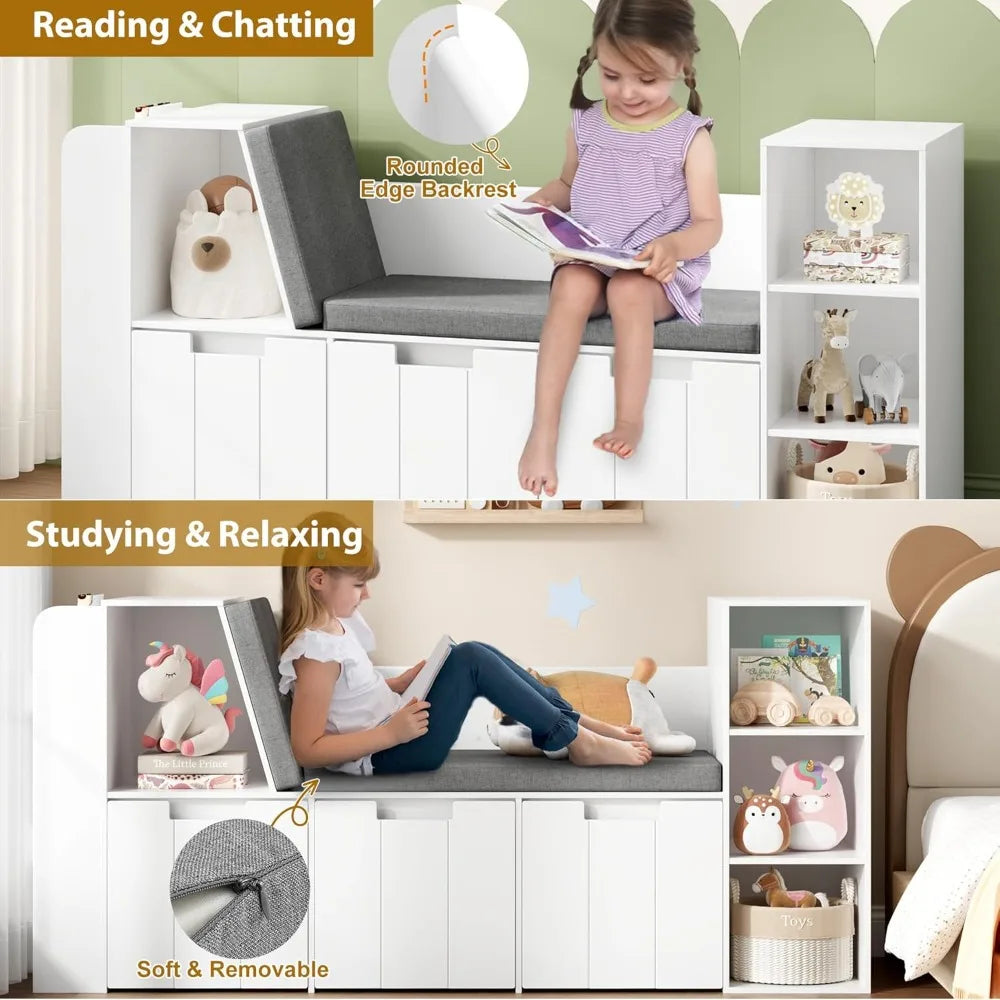 61.5" Kids Reading Nook with 3-Layer Bookshelf, Reading Nook for Kids with Double Bench and Rolling Drawers, Bookshelf and Toy S