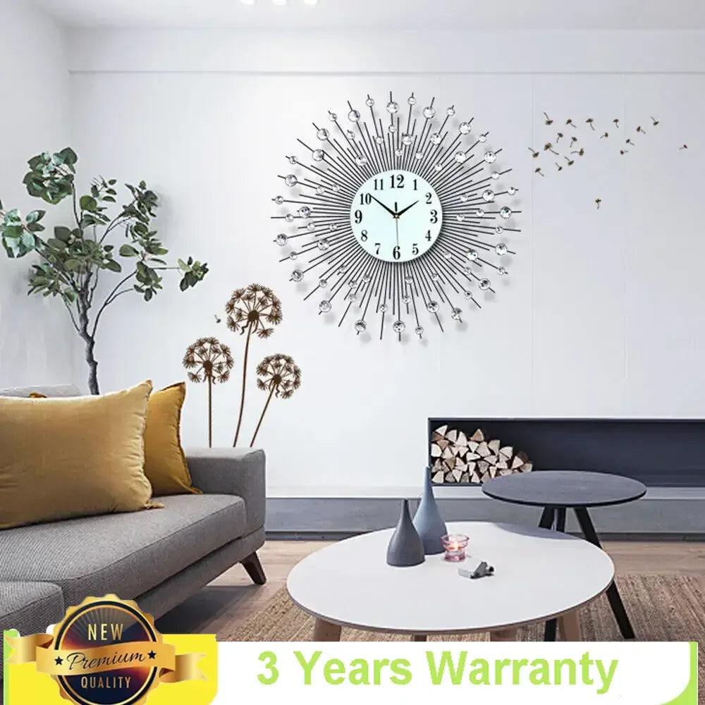Display Sunburst Metal Wall Clock Modern Diamond Design