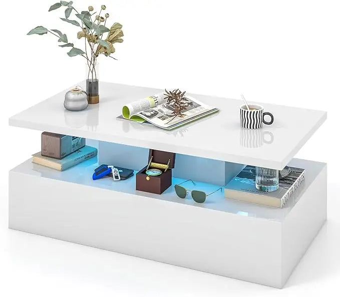 LED Coffee Table Modern High Gloss Coffee Table with 20 Color LED Lights Adjustable Speed and Brightness Remote Control Open Shelf