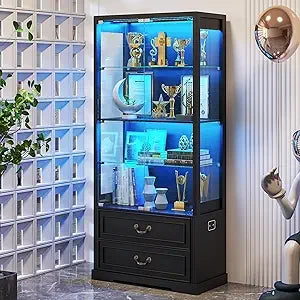 Display Cabinet with Glass Doors 67 Inch Adjustable Display Shelf 2 Drawers and 4 Tier Curio Cabinet Tall Bookcase with 3 Color Options