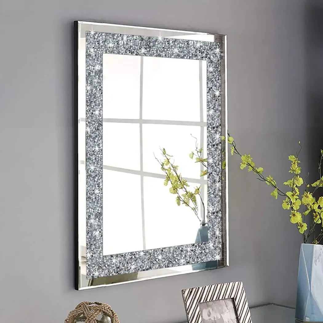 Crystal Crush Diamond Rectangle Wall Decoration 20x28 Inch Frameless Mirror Silver Acrylic Decor