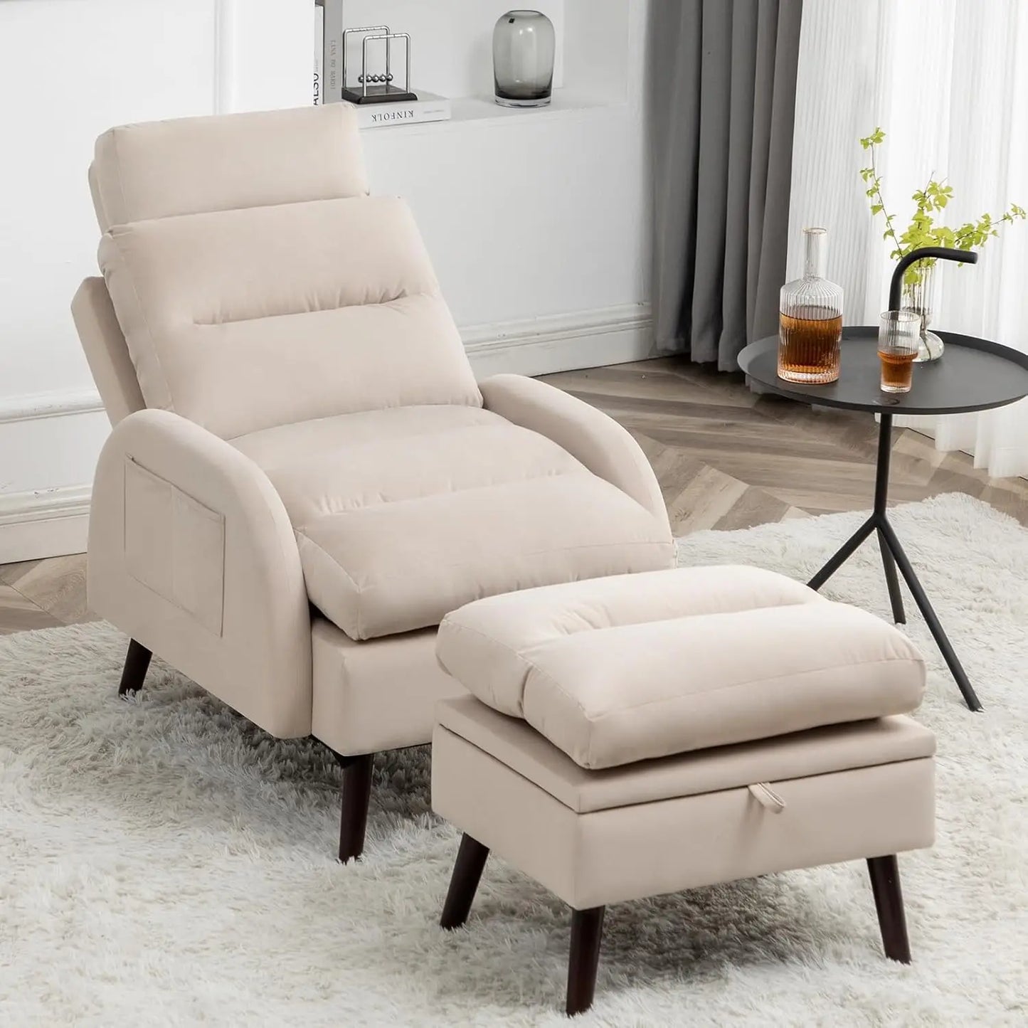 ZHUXIANG Velvet Accent Chair With Ottoman And Adjustable Backrest