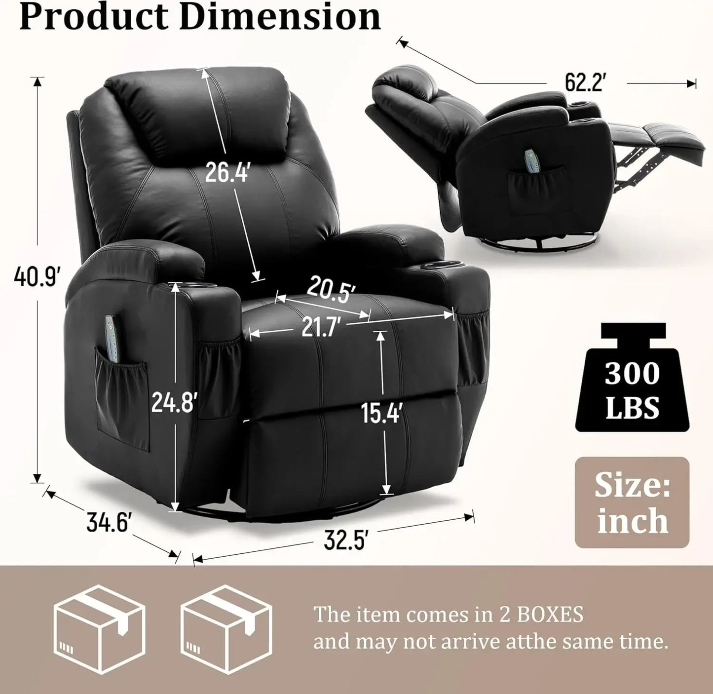 Rocking Chair with Massage and Heat 360 Degree Swivel Recliner for Adults Manual Recliner with Remote Control and Cup Holder for Living Room Bedroom Nursery