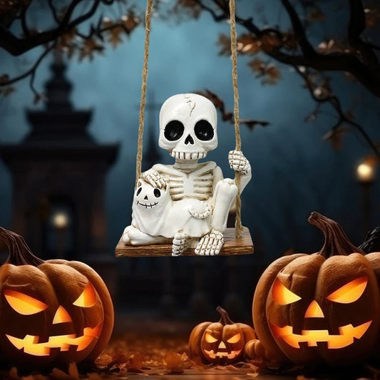 Liaoning Zhejiang Polyresin Halloween Swing Skull Holding Ghost GardenPatioDisplay Statue