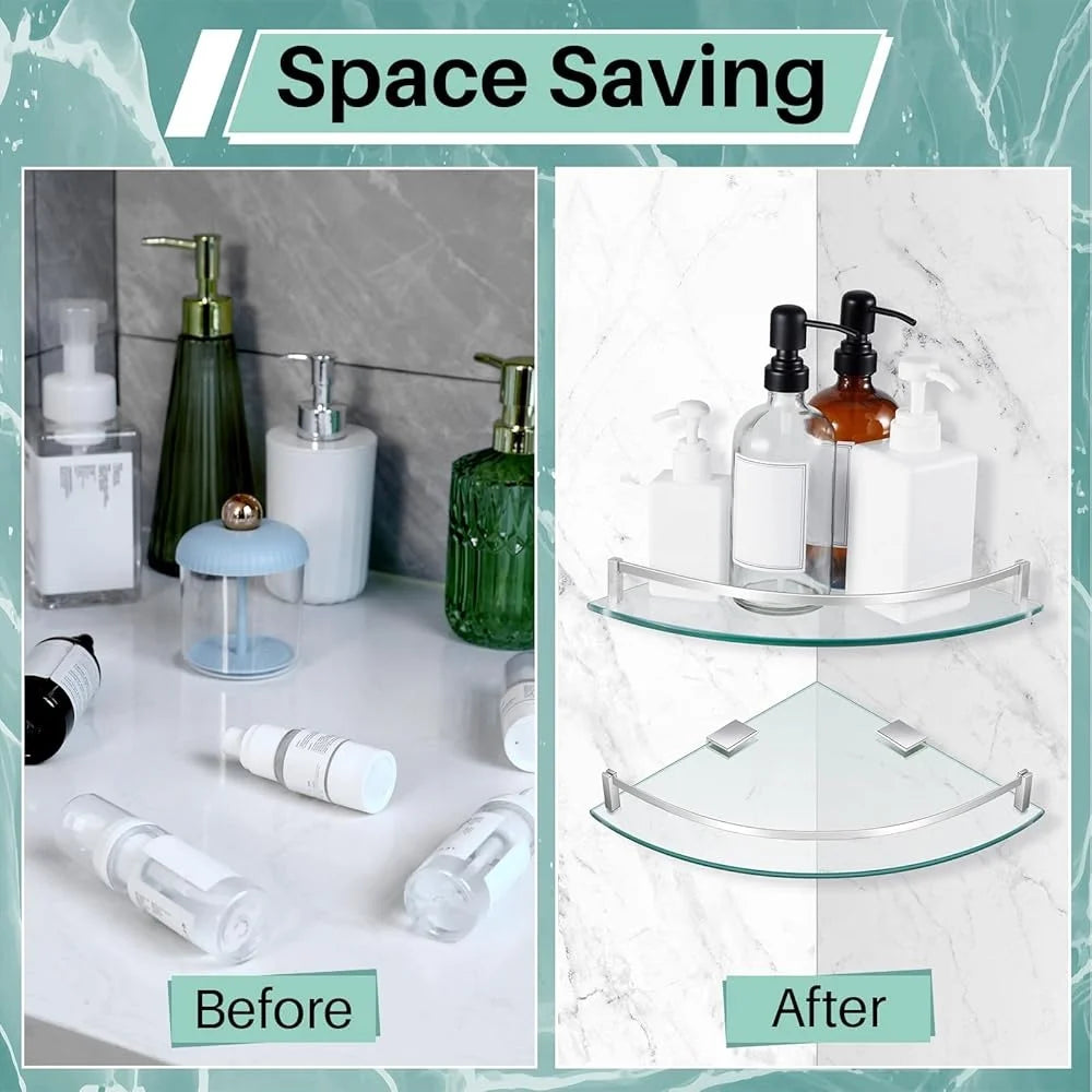 2 Pcs Glass Corner Shower Shelf Tempered Wall Mounted Floating Organizer Bathroom Storage Solution